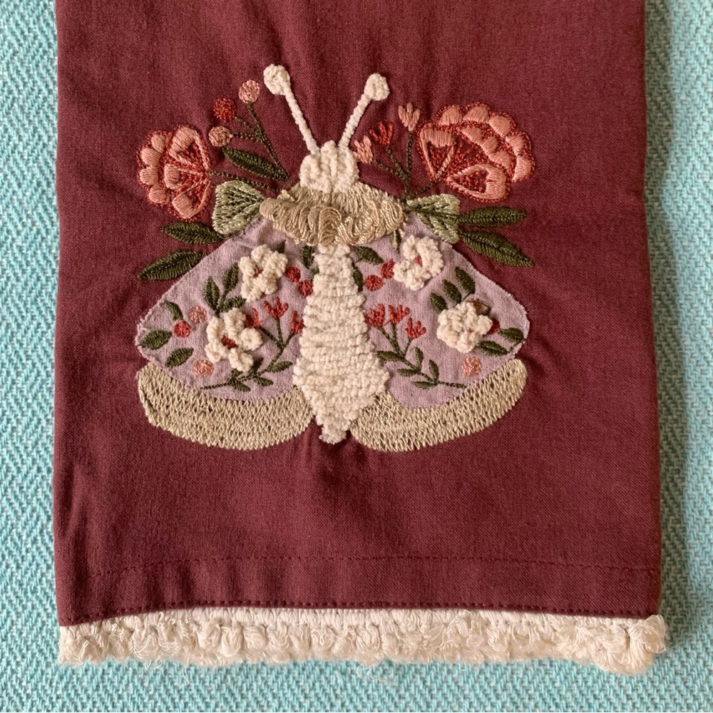 NWT Set of 2 Wine Red Floral Moth Embroidered Kitchen Towels